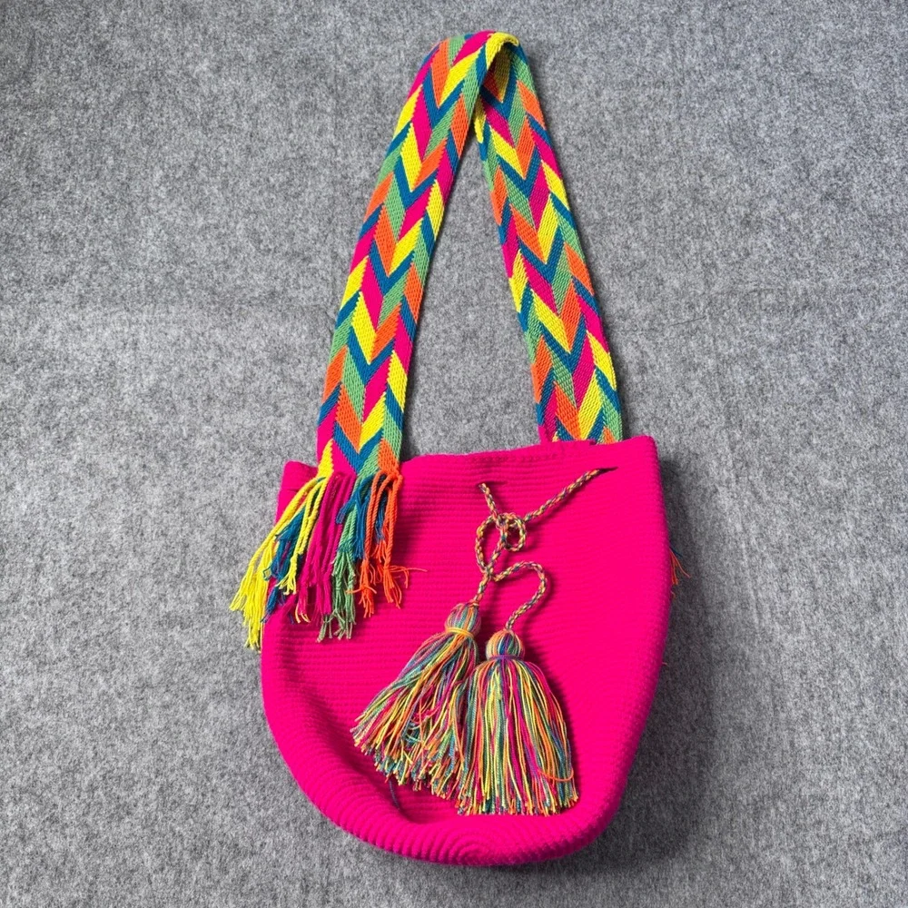 Wayuu Style Hot Pink Handmade Mochila Bag Rainbow Chevron Strap‎ Tassels Boho
